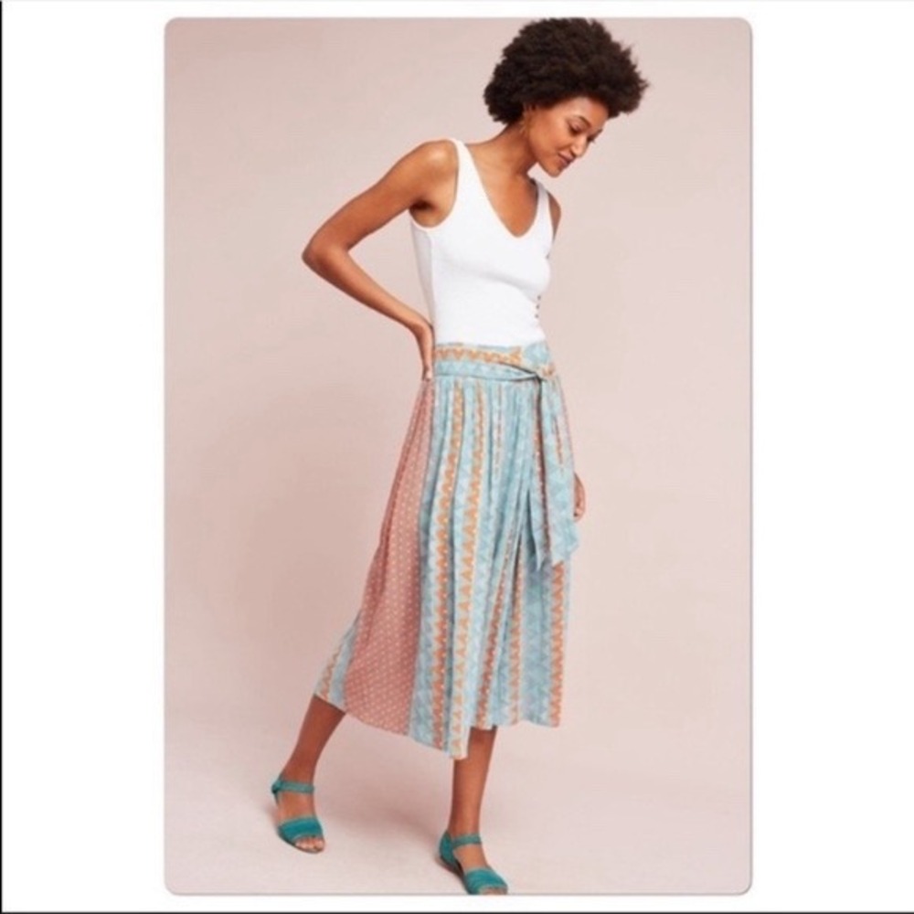 Feather Bone Anthropologie Wide Leg Pants Womens M Blue Orange Geometric Tie